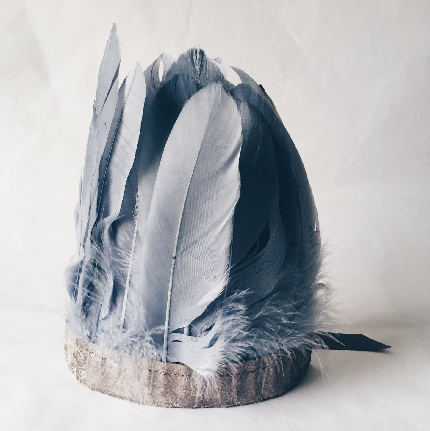 Grey feather and leather headdress by For Just ONE Day