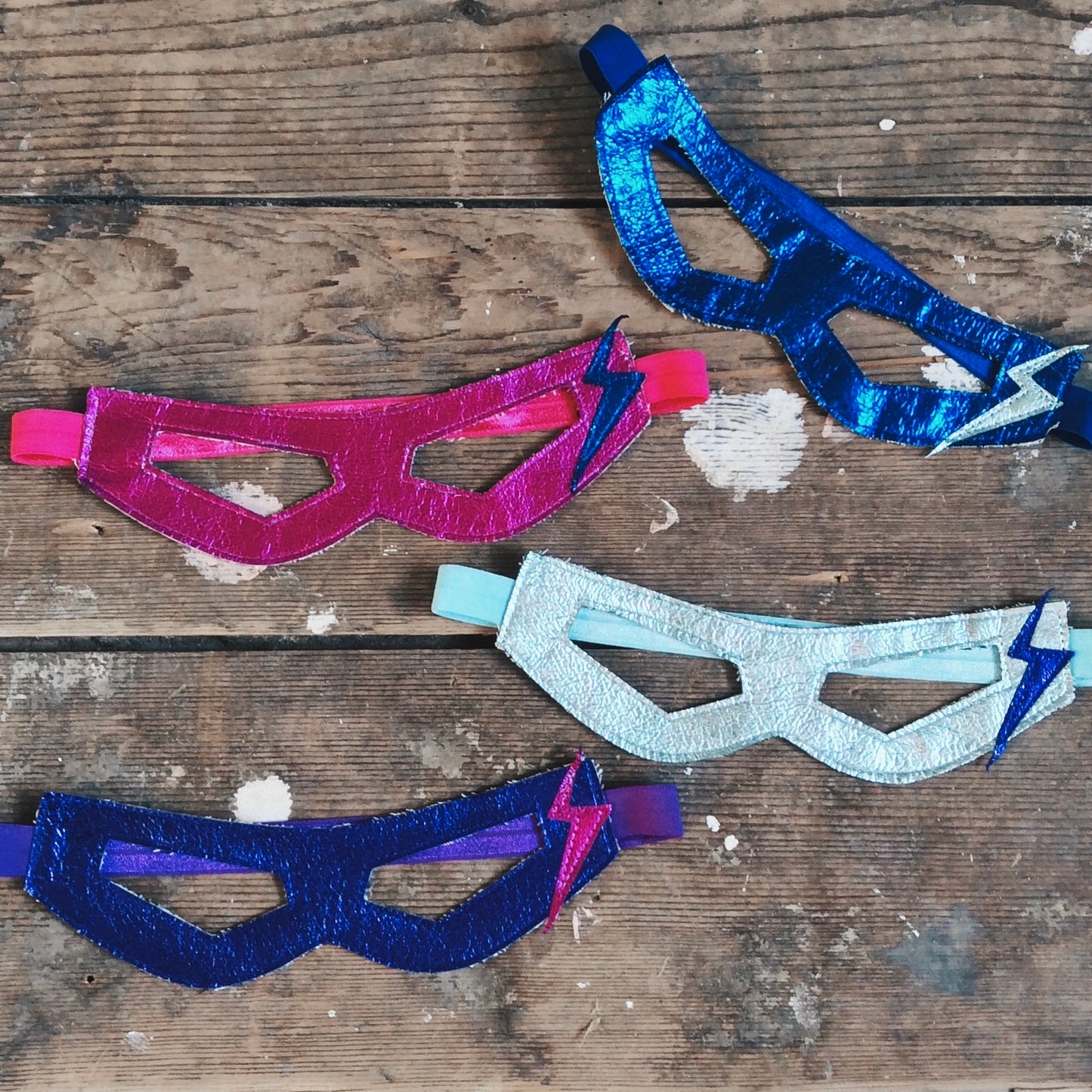 Colour variations of Metallic leather Lightning superhero mask by For Just ONE Day