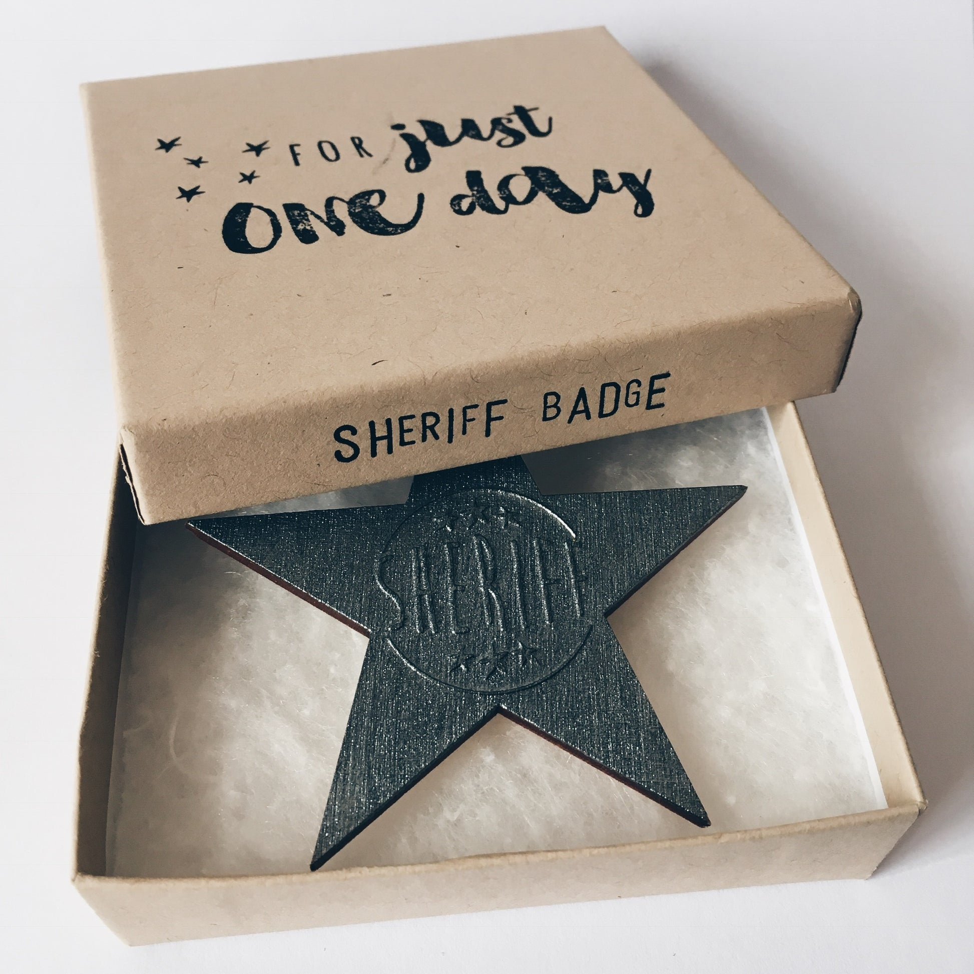 Silver sheriff badge presented in a box by For Just ONE Day