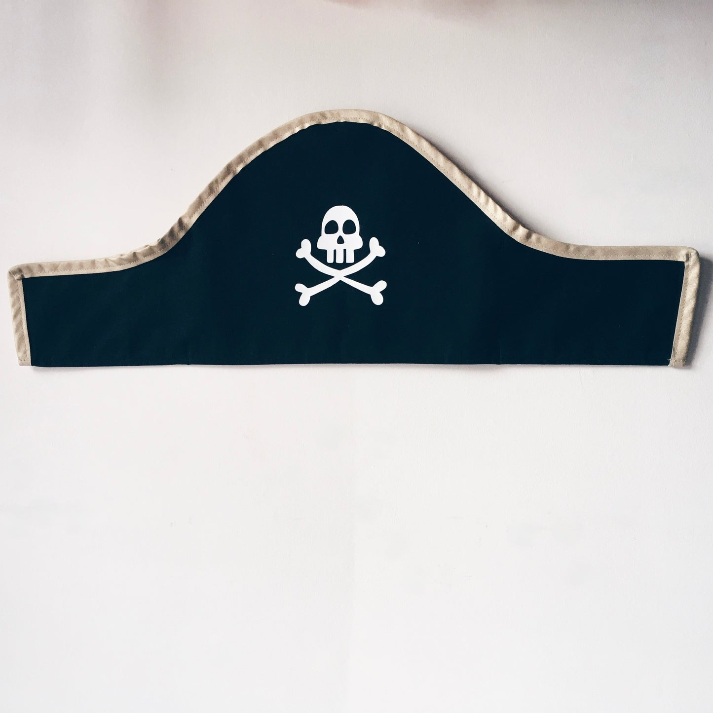 For Just ONE Day - Black pirate hat with gold binding and white skull and crossbones print