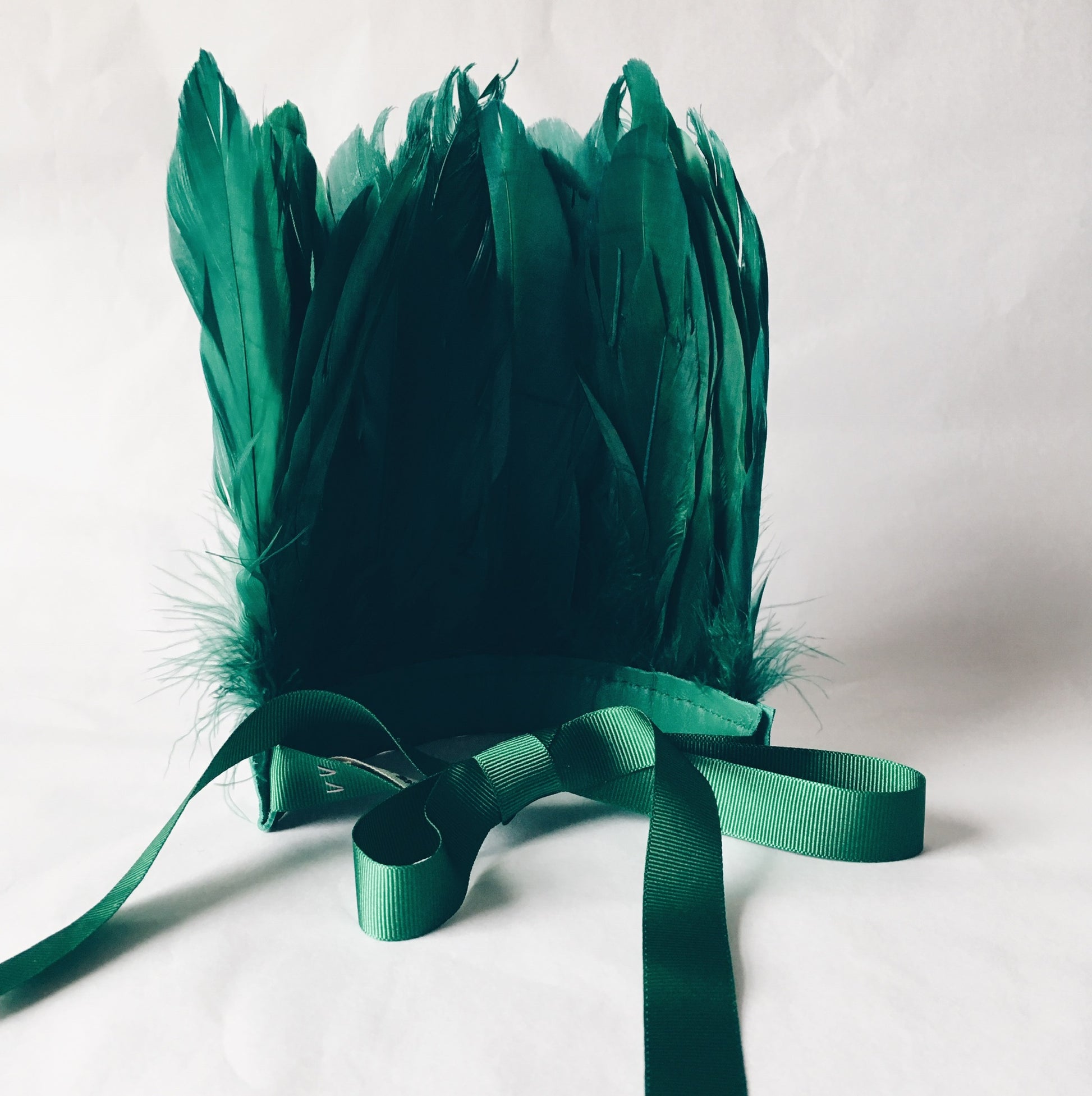 Back view of Emerald green feather headdress by For Just ONE Day