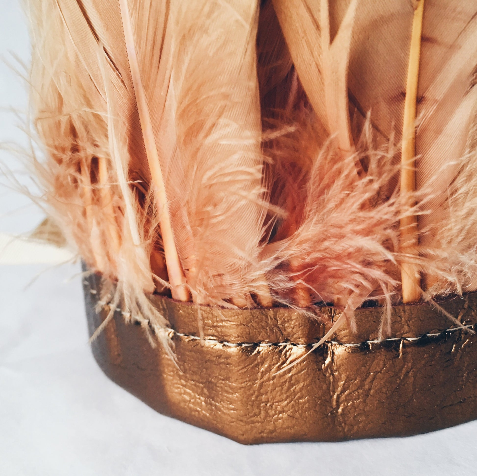 close up of Copper tan feather headdress by For Just ONE Day