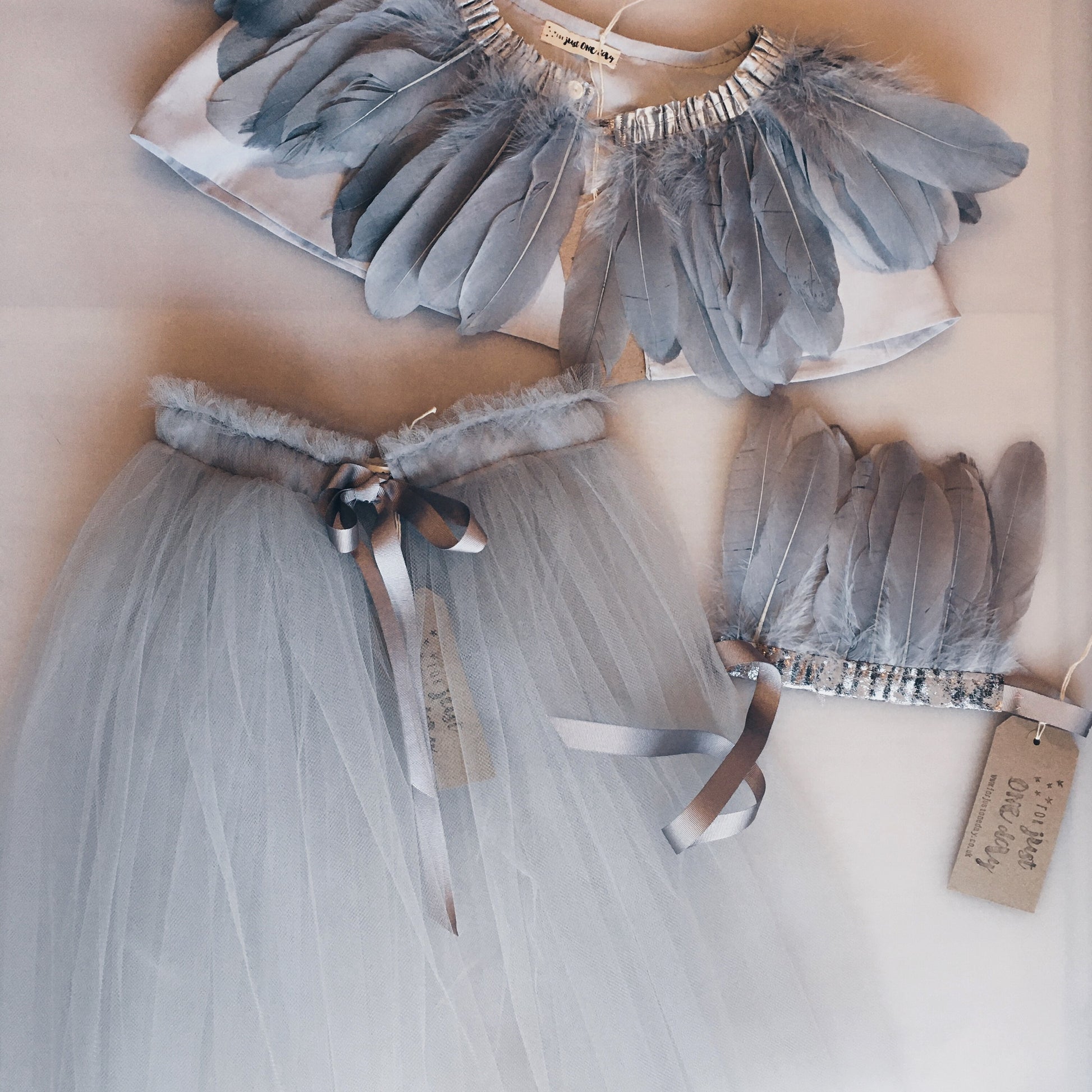 flat-lay of titania tutu, grey feather cape, grey feather headdress by For Just ONE Day