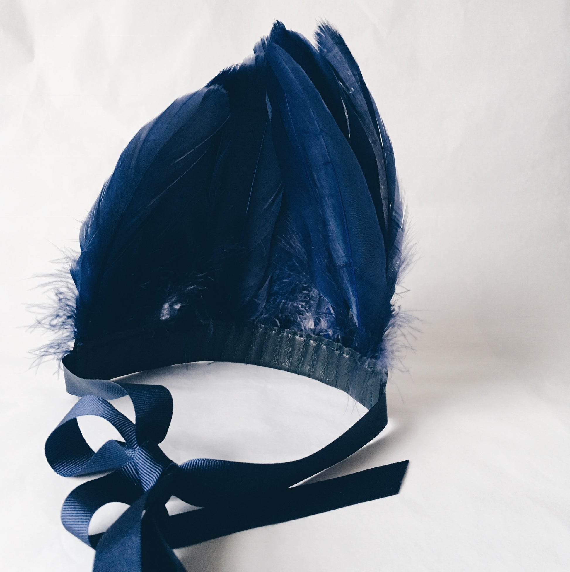 Back view of Indigo Blue feather headdress by For Just ONE Day