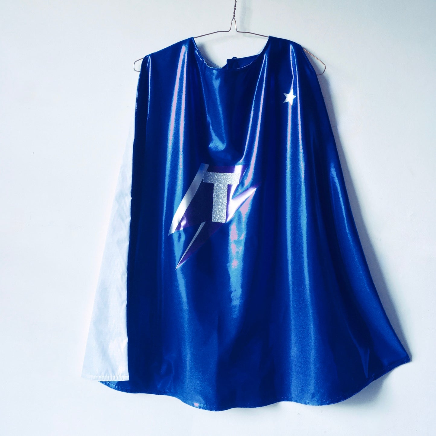 Blue personalised superhero cape with grey lining by For Just ONE Day