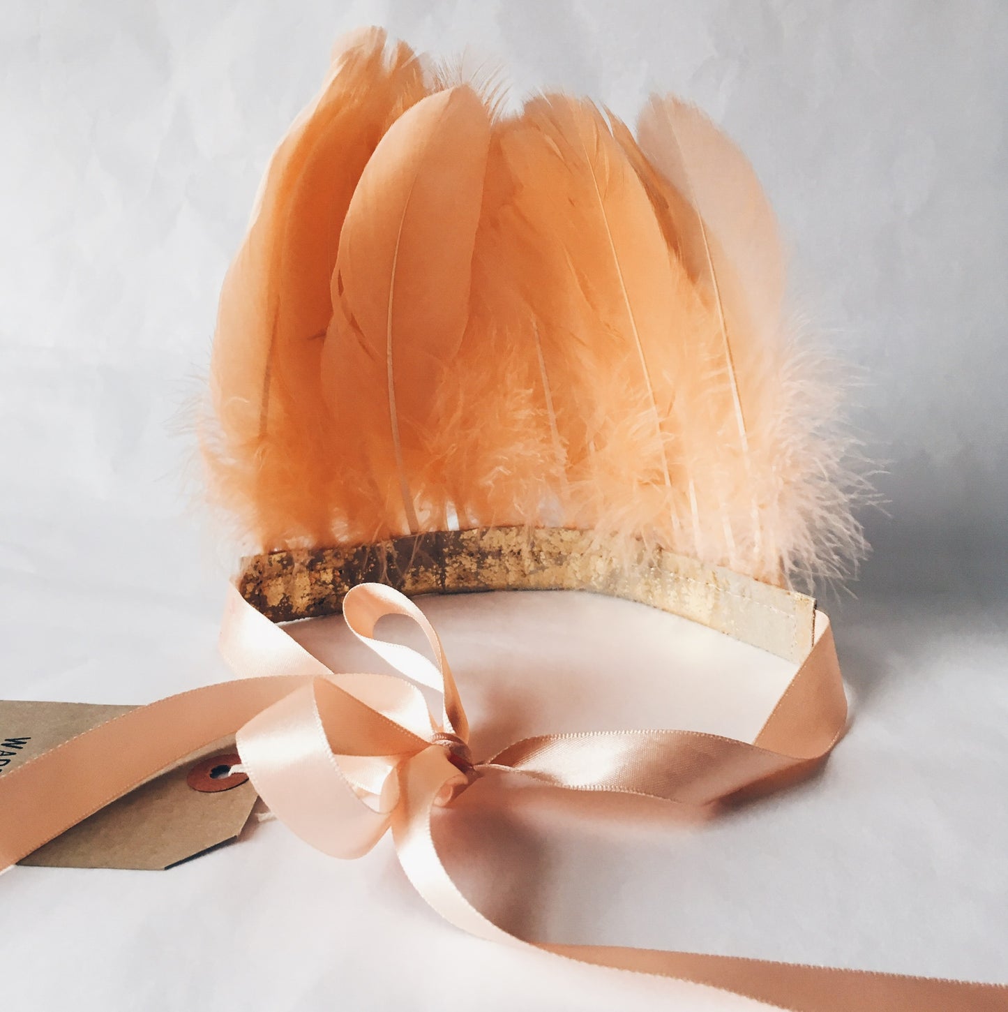 Back view of peach feather and metallic leather headdress by For Just ONE Day