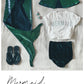 flat-lay of Childs mermaid costume, sequin tail, sequin cape, mermaid t-shirt, and velvet shorts by For Just ONE Day