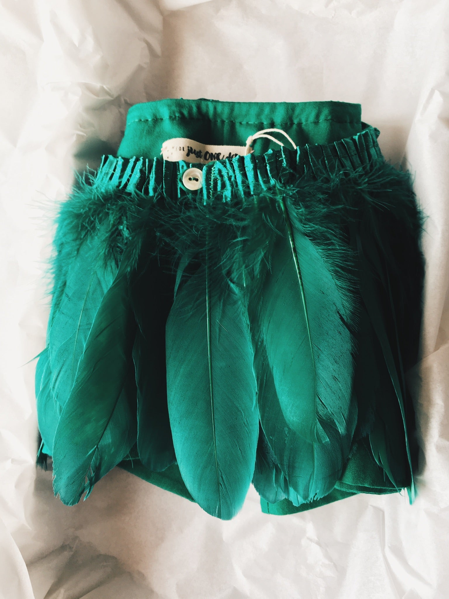 emerald green feather cape folded in a box