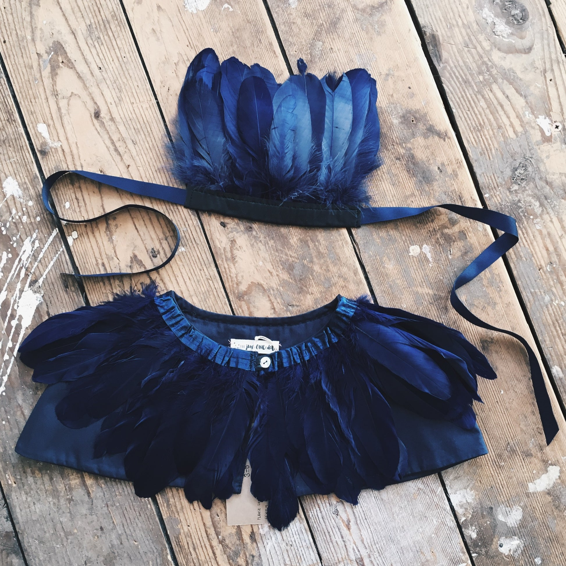 indigo blue feather cape and feather headdress
