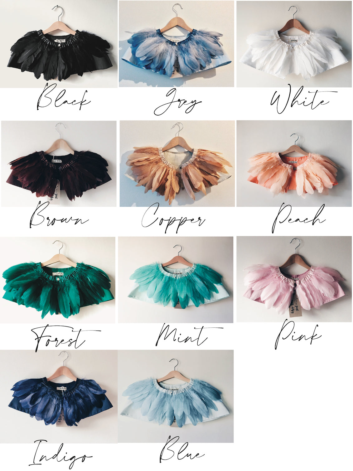 11 feather cape colour variations in a grid formation